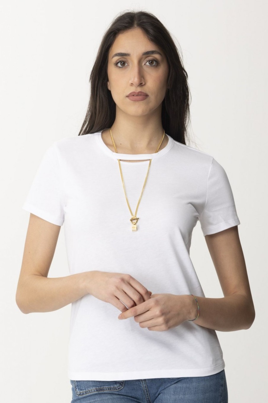 Elisabetta Franchi T-Shirt Con Collana Gesso Wholesale