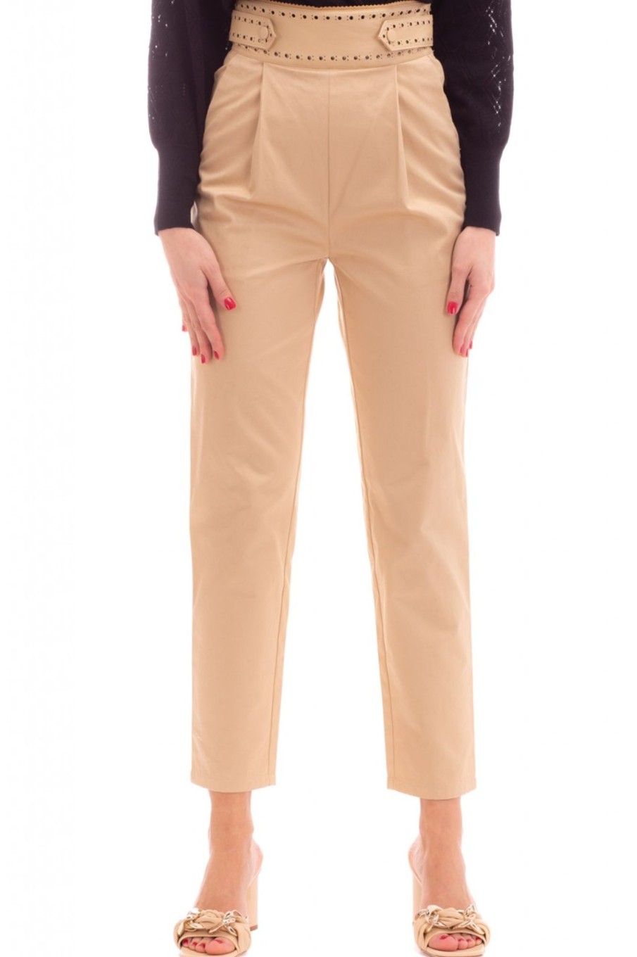 Twin-Set Pantaloni Con Punto Vita Spalmato E Traforato Cuban Sand Hot