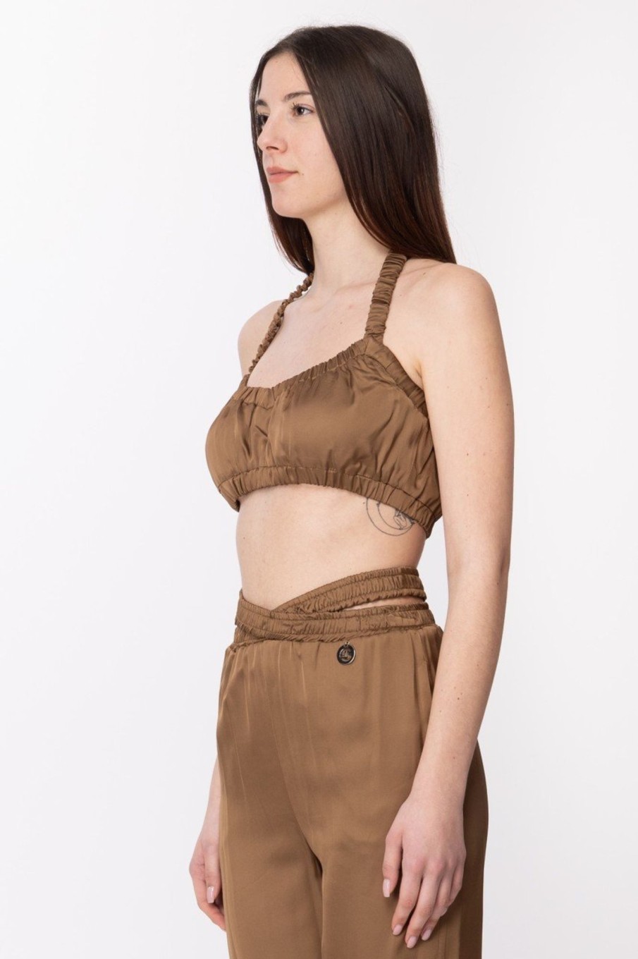 Gaelle Paris Crop Top Con Arricciature Marrone Biscotto Online