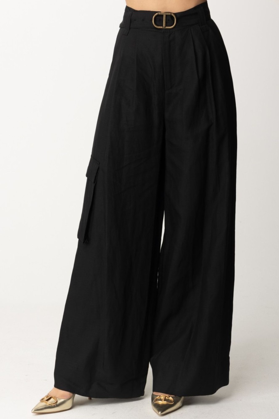 Twin-Set Pantaloni Wide Leg Con Cintura Nero Hot