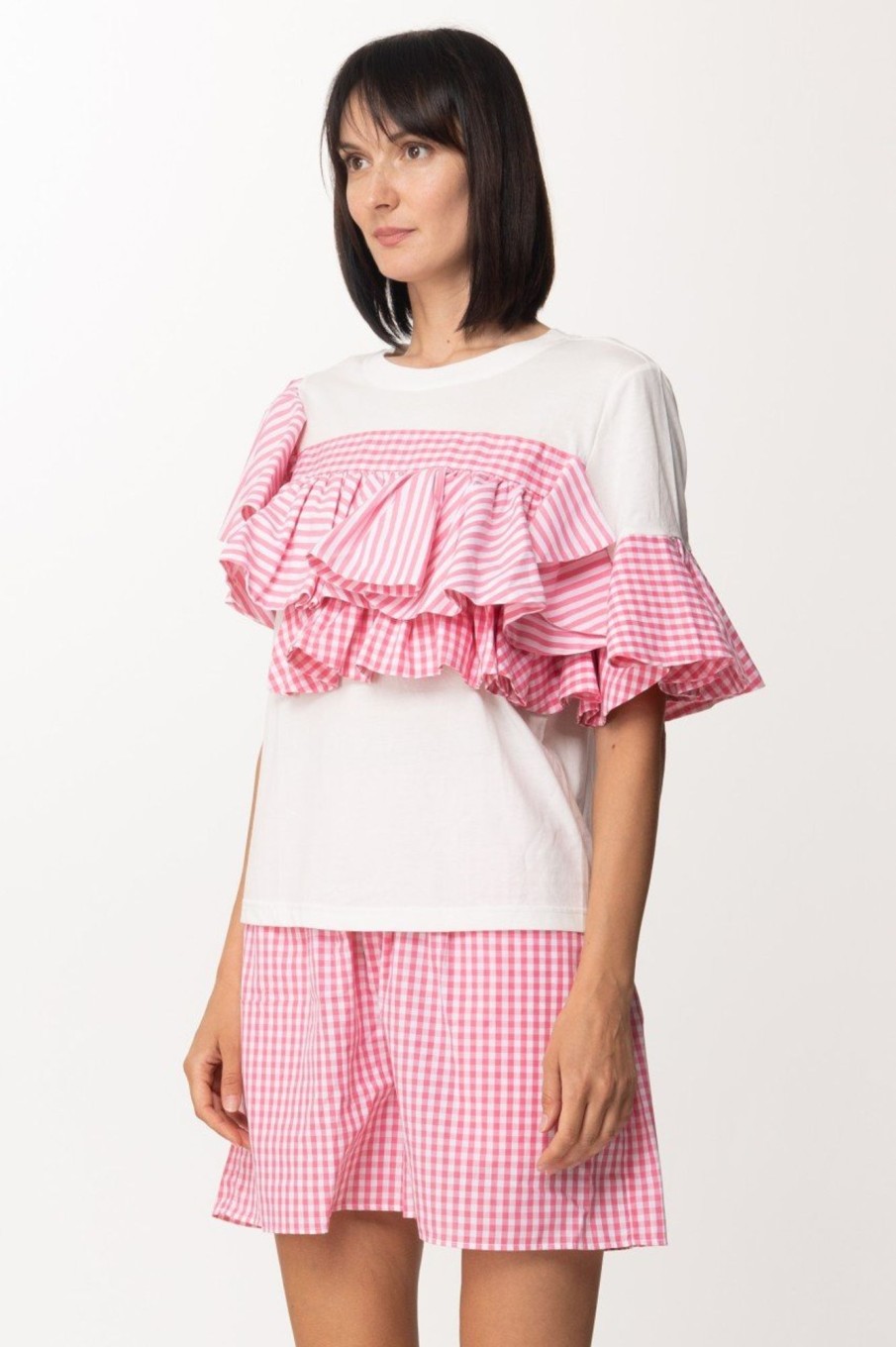 Twin-Set T-Shirt Con Balze Bic Off White/Hot Pink Clearance