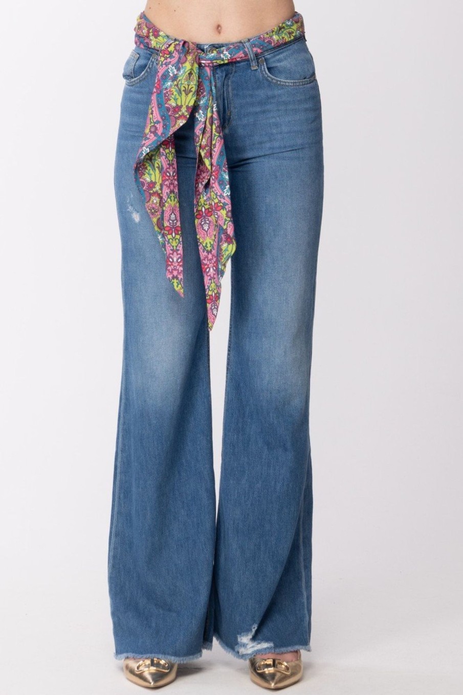 Gaelle Paris Jeans Flared Con Fusciacca Foulard Fantasia Blu Chiaro Hot