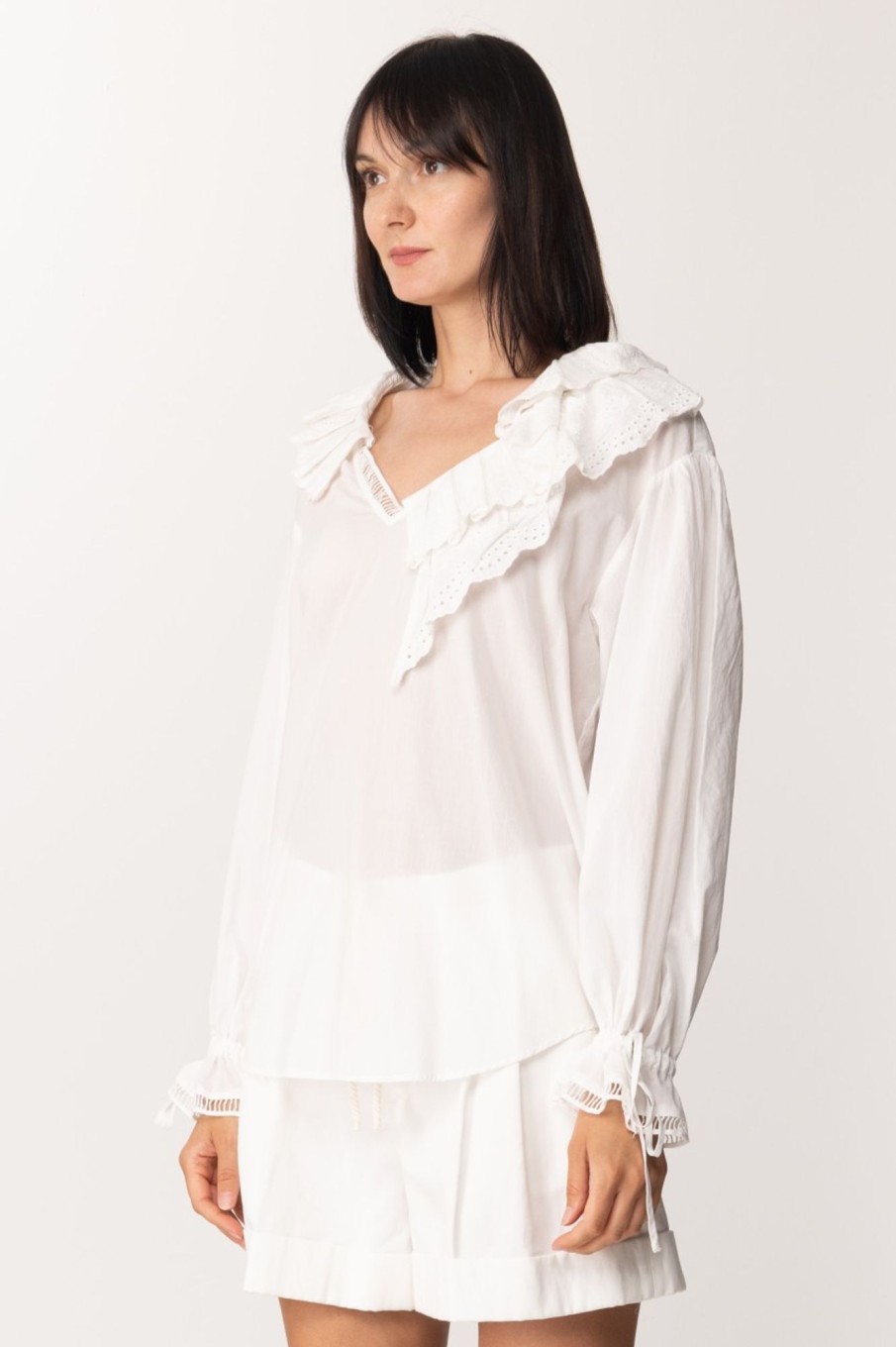 Twin-Set Blusa Con Volant In Sangallo Ice Hot