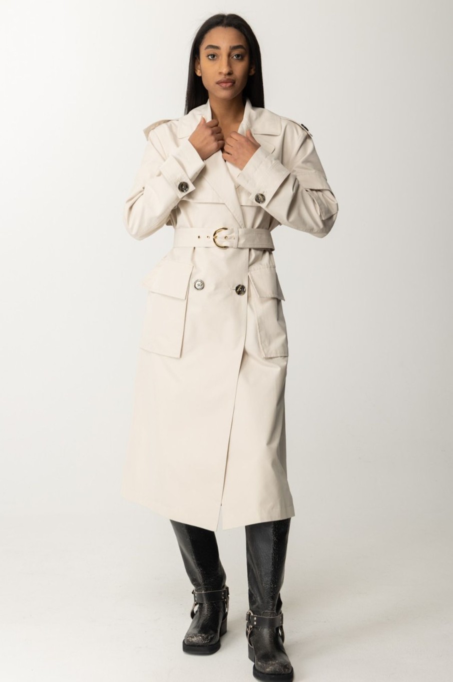 Pinko Trench Con Cintura In Gabardina Tecnica Beige-Farina Avena Clearance