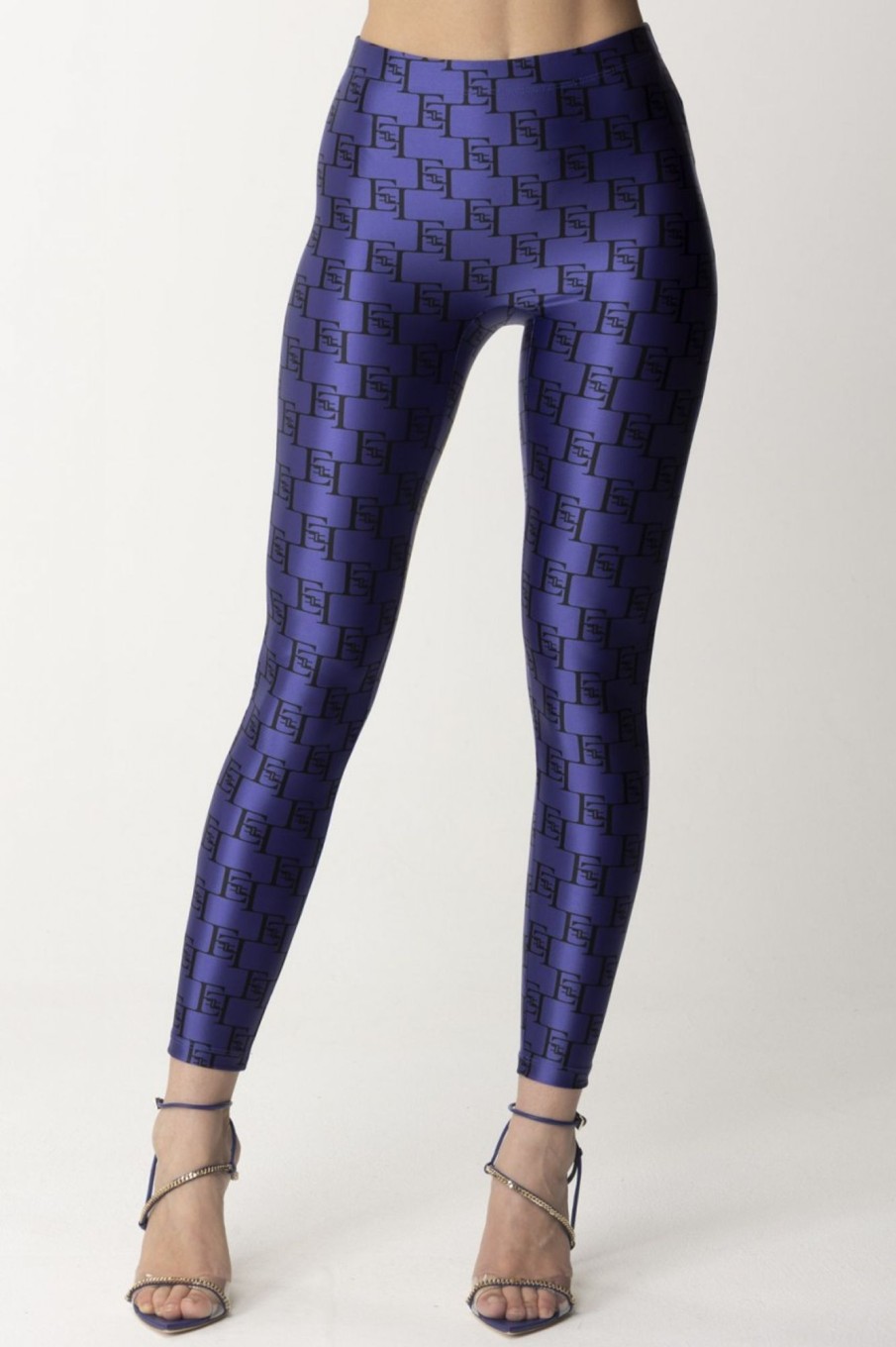 Elisabetta Franchi Leggings Con Stampa Loghi Blue Indaco/Nero Clearance