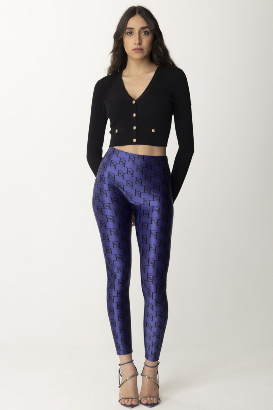 Elisabetta Franchi Leggings Con Stampa Loghi Blue Indaco/Nero Clearance