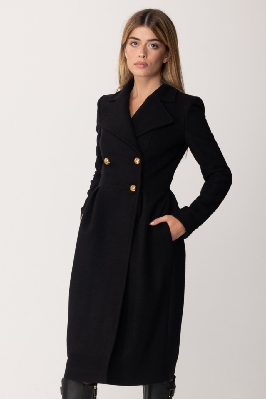 Elisabetta Franchi Cappotto Lungo In Misto Lana Nero Clearance