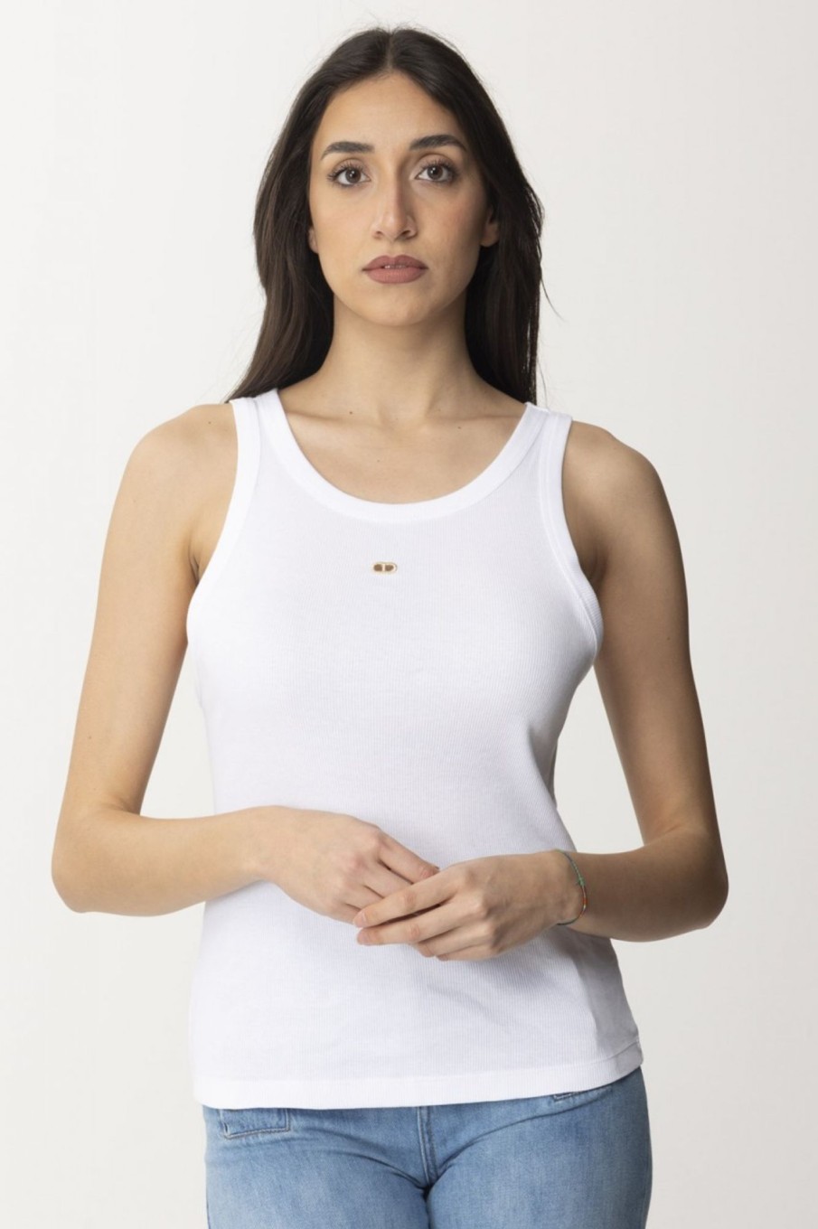 Twin-Set Top In Maglia A Costine Con Oval T Bianco Ottico Clearance