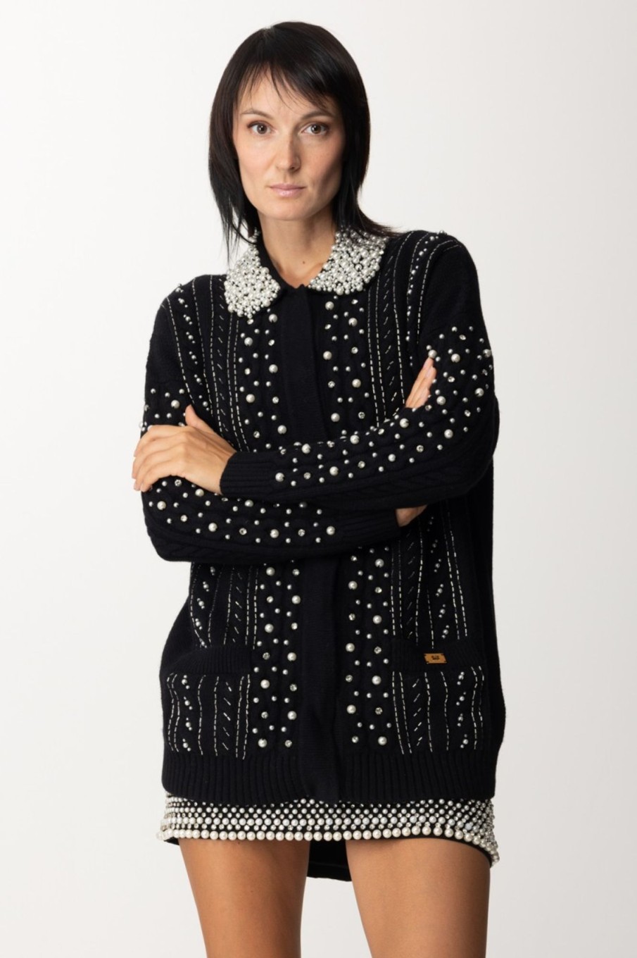 Elisabetta Franchi Cardigan In Lana Con Ricamo Di Perle E Strass Nero Best