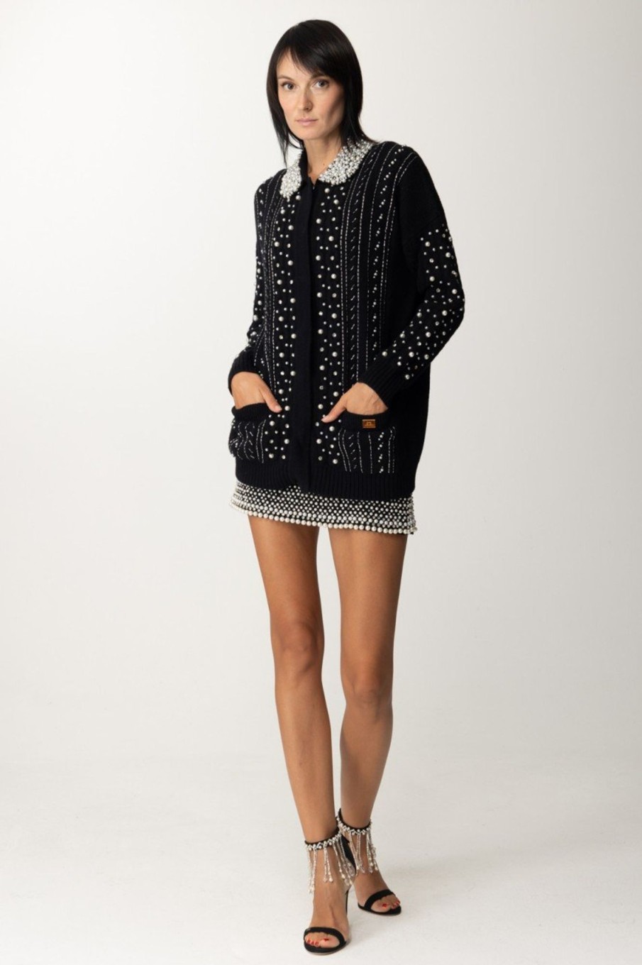Elisabetta Franchi Cardigan In Lana Con Ricamo Di Perle E Strass Nero Best