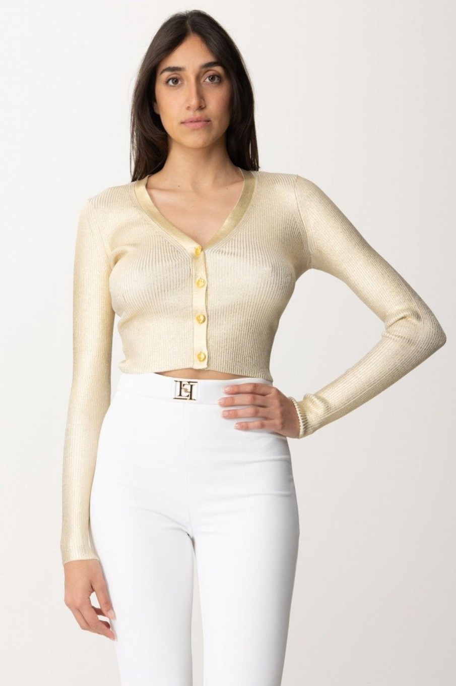 Elisabetta Franchi Cardigan Cropped Laminato Oro Wholesale