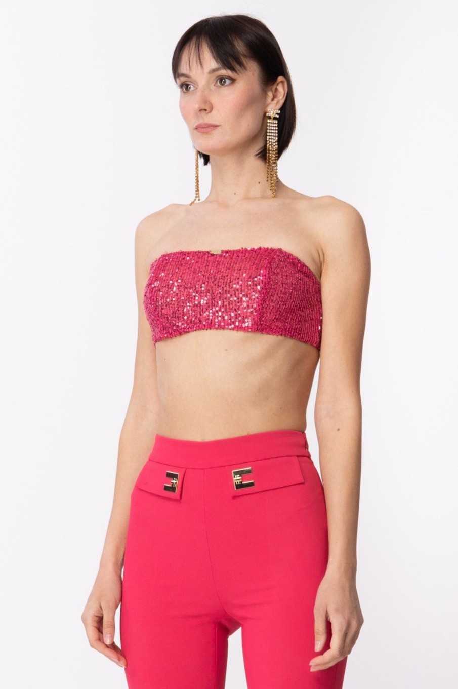 Elisabetta Franchi Top A Fascia In Full Paillettes Fuxia New