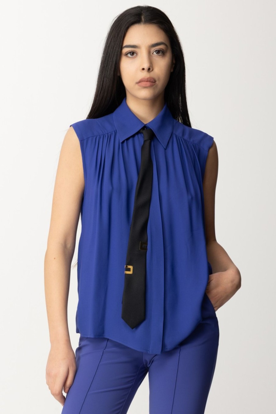 Elisabetta Franchi Camicia Smanicata Con Cravatta Blue Indaco Online