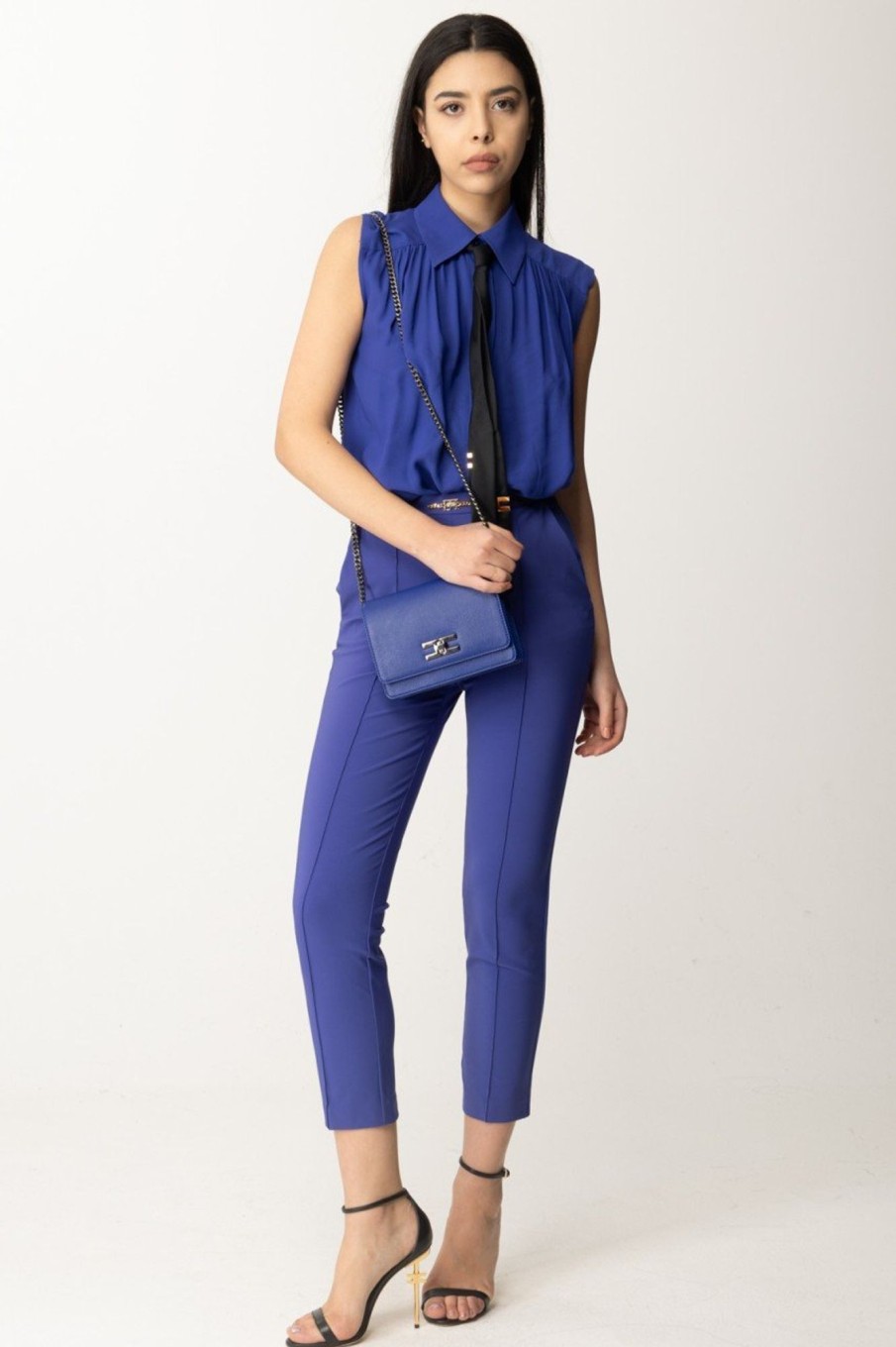 Elisabetta Franchi Camicia Smanicata Con Cravatta Blue Indaco Online