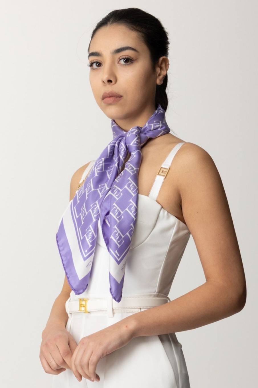 Elisabetta Franchi Foulard Grande Stampa Loghi Iris/Burro Online