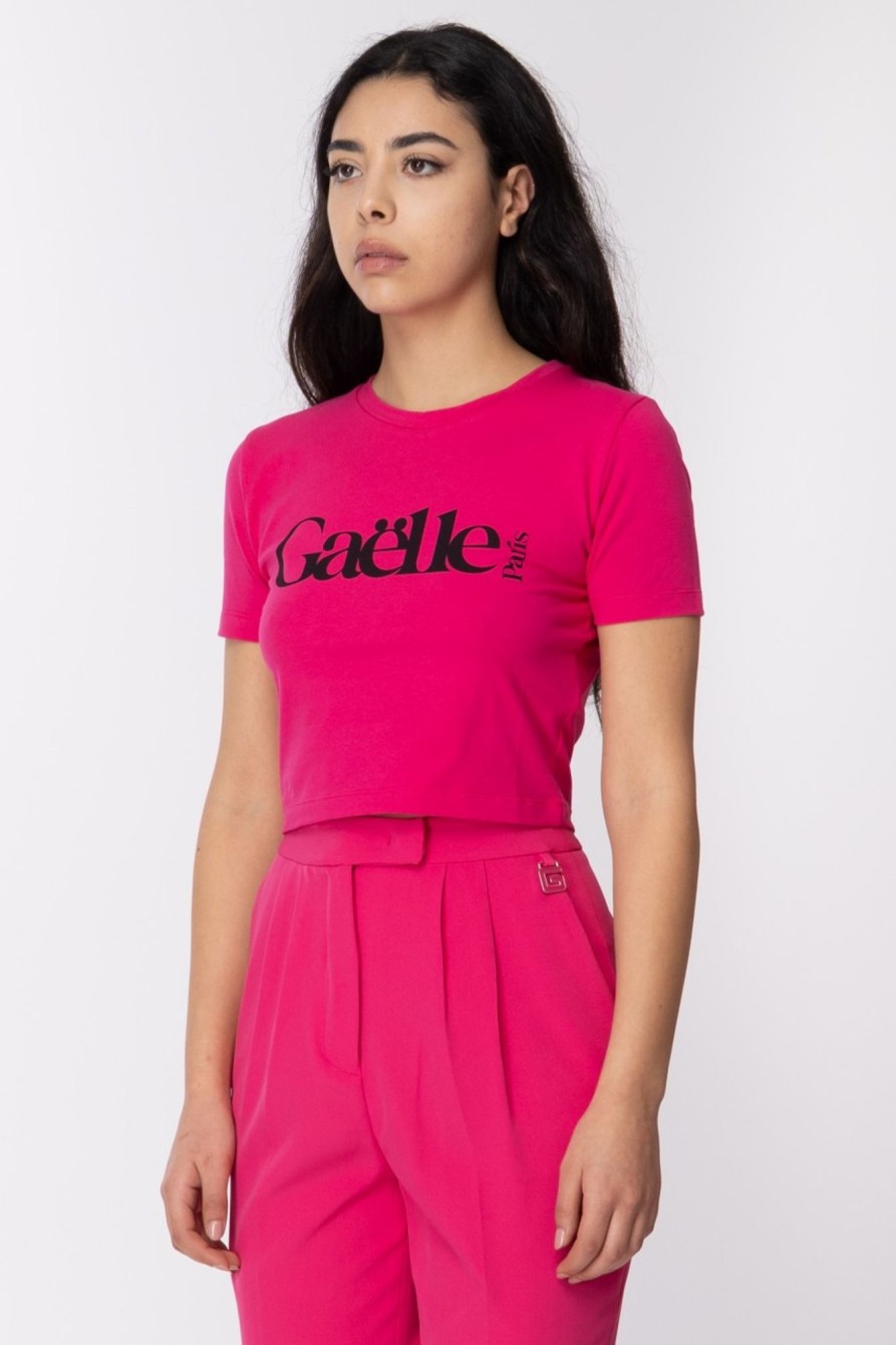 Gaelle Paris T-Shirt Cropped Con Stampa Logo Fucsia Hot