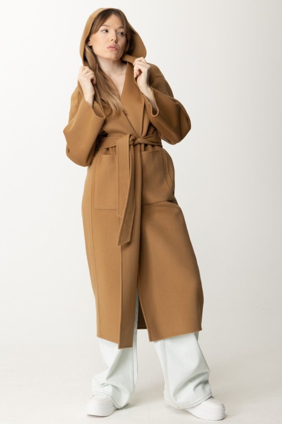 Pinko Cappotto Lungo In Panno Con Cappuccio Cammello Mocaccino Best