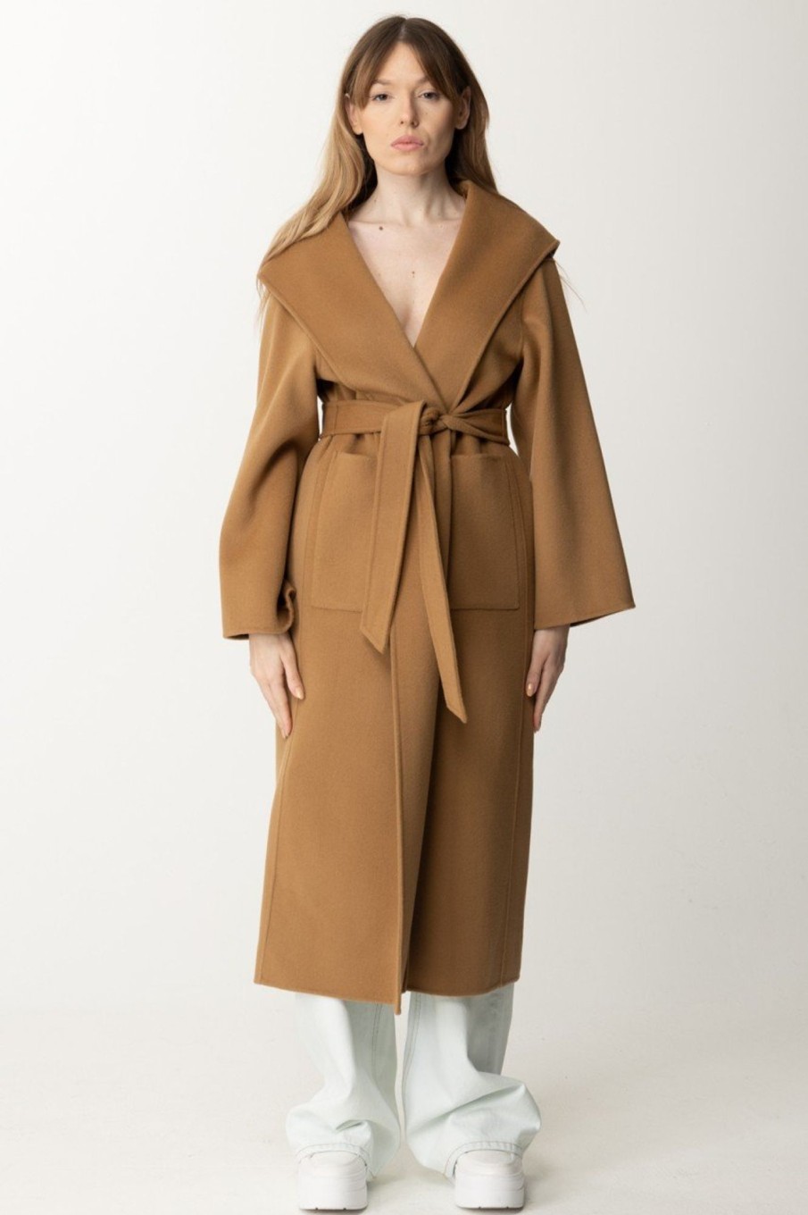 Pinko Cappotto Lungo In Panno Con Cappuccio Cammello Mocaccino Best