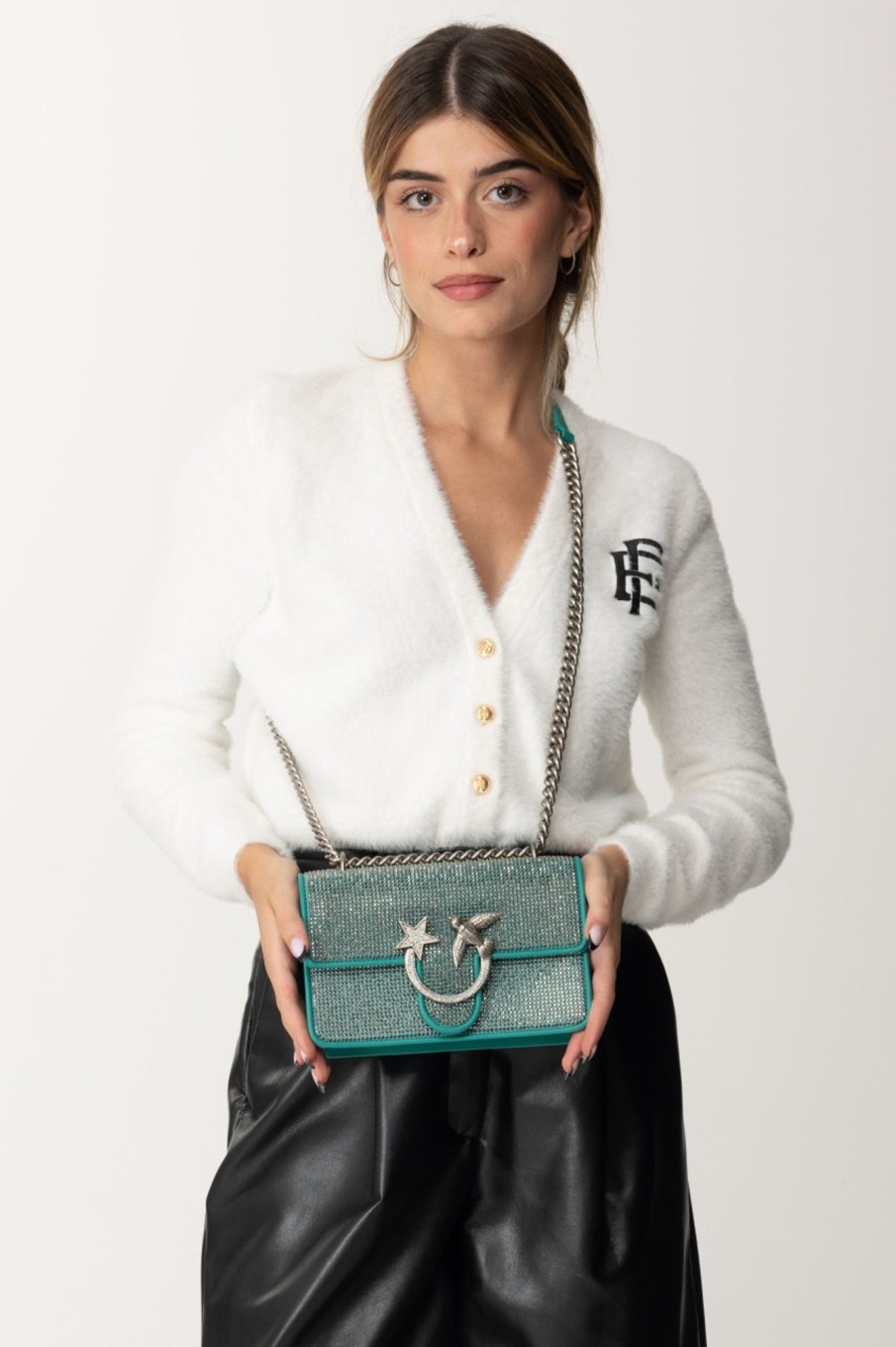 Pinko Borsa A Tracolla Con Stras Azzurro Mare-Old Silver Online