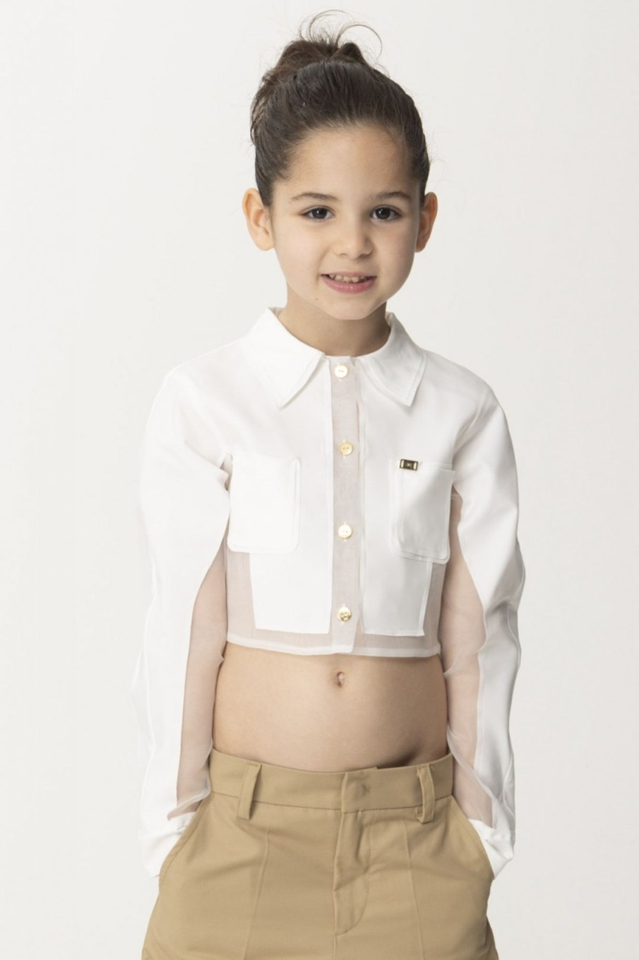 ELISABETTA FRANCHI BAMBINA Camicia Crop Con Trasparenze Light Cream Wholesale