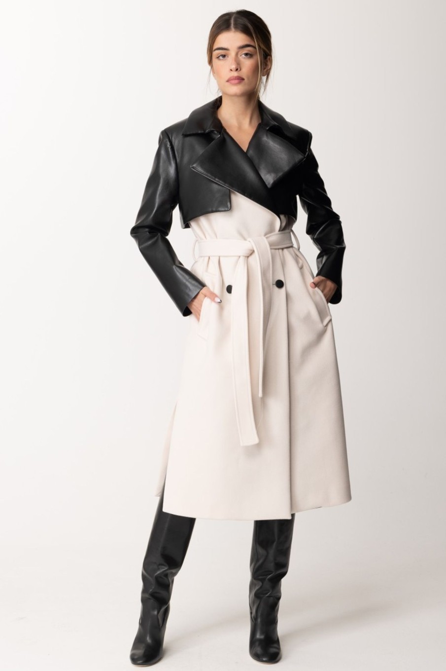 Simona Corsellini Trench Ecopelle Bicolore Doppiopetto White Cloud/Nero New