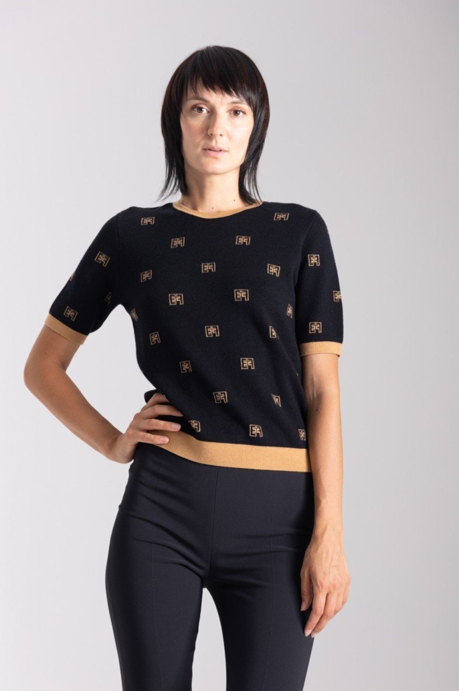 Elisabetta Franchi T-Shirt In Maglia Con Stampa Loghi Nero/Caramello Best