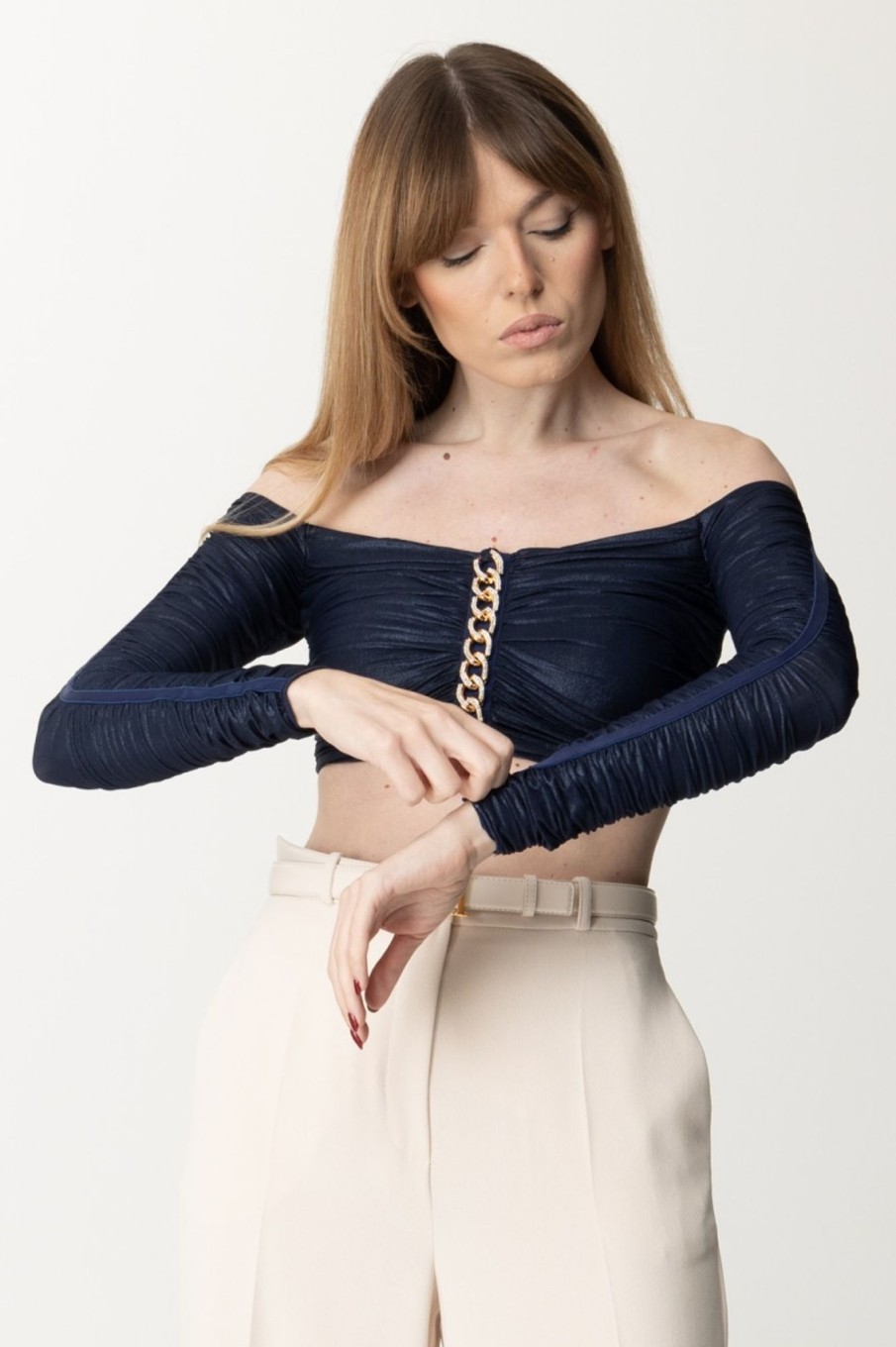 Elisabetta Franchi Top Crop In Jersey Laminato Con Catena Inchiostro Wholesale