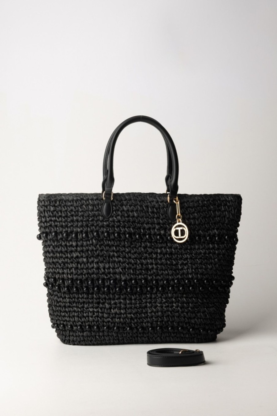 Twin-Set Borsa Shopper In Rafia Con Perle Nero Online