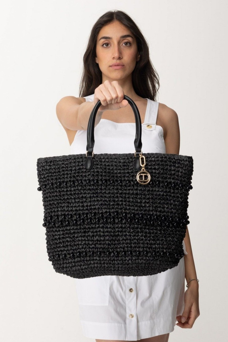 Twin-Set Borsa Shopper In Rafia Con Perle Nero Online