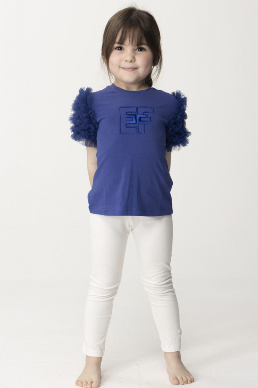 ELISABETTA FRANCHI BAMBINA T-Shirt Con Ruches In Tulle Indigo Blue Clearance