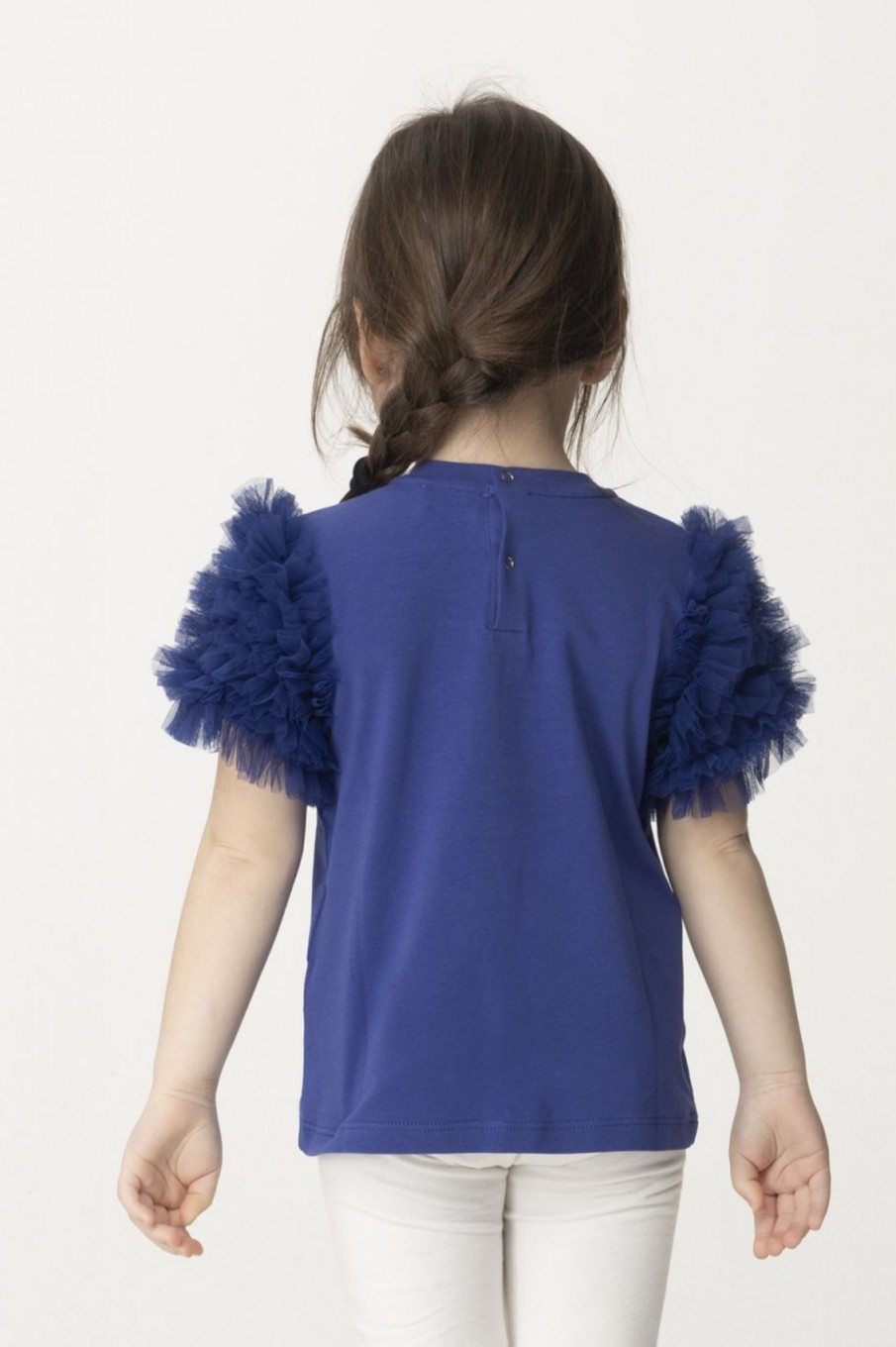 ELISABETTA FRANCHI BAMBINA T-Shirt Con Ruches In Tulle Indigo Blue Clearance