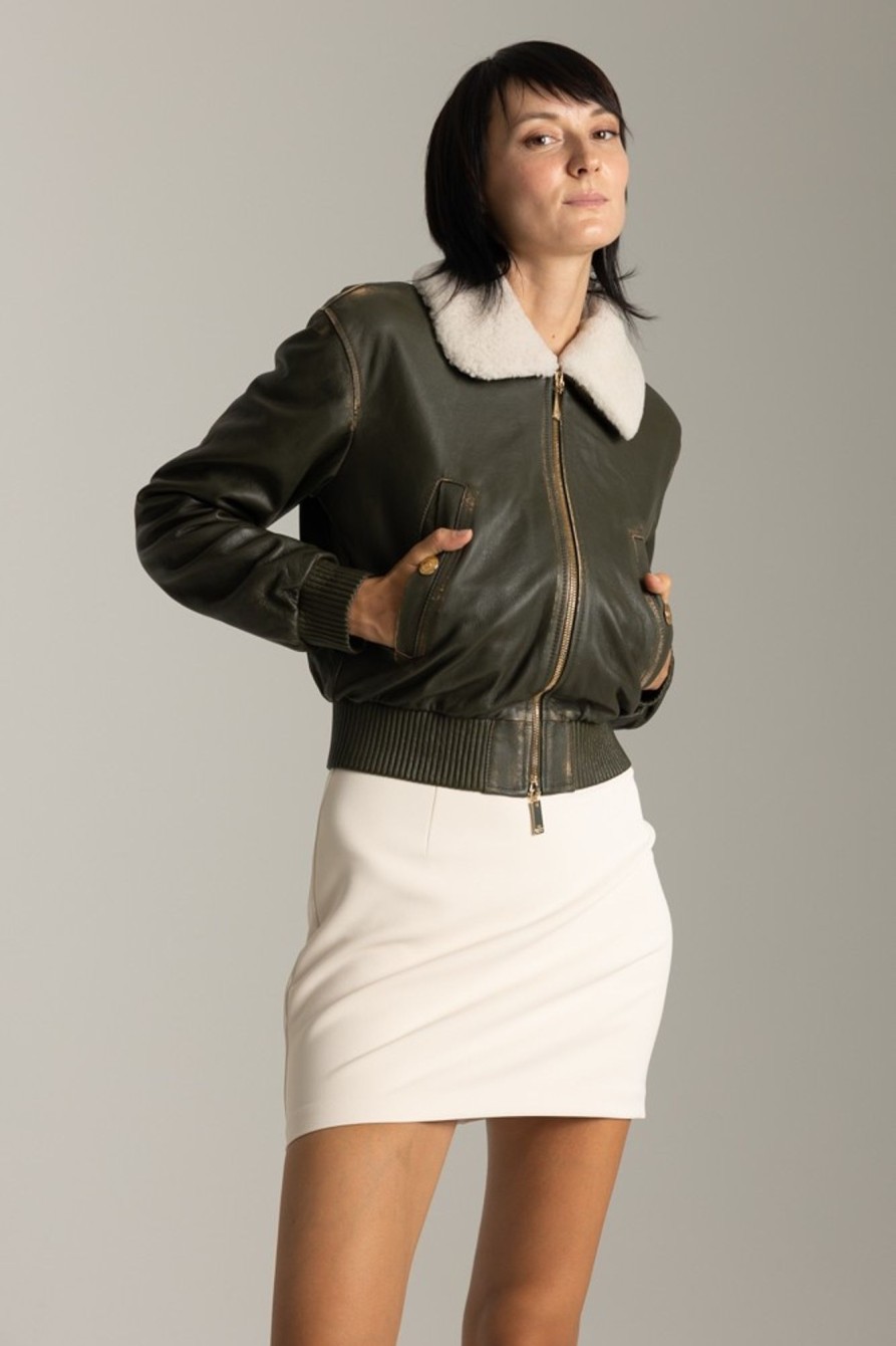 Elisabetta Franchi Bomber In Pelle Con Collo In Montone Army Online