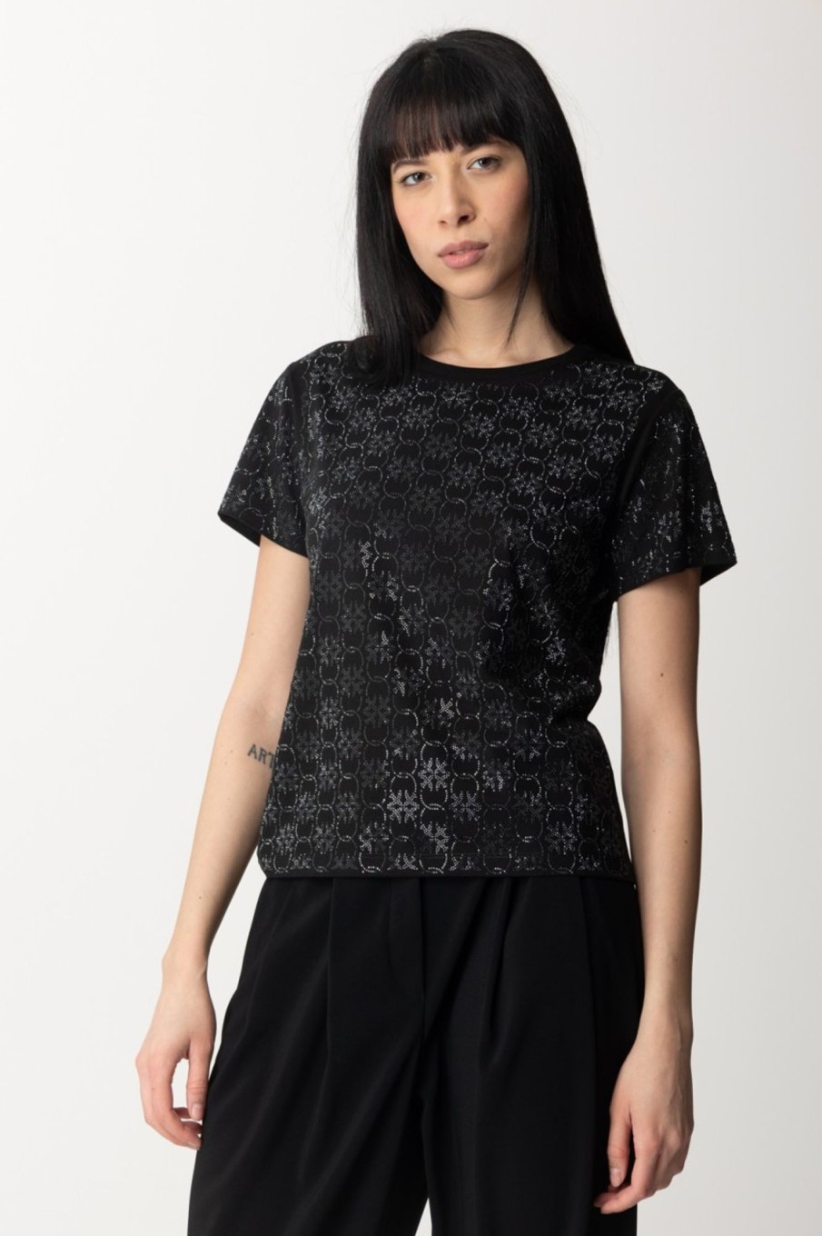 Pinko T-Shirt In Cotone Con Pattern In Strass Nero Limousine Hot