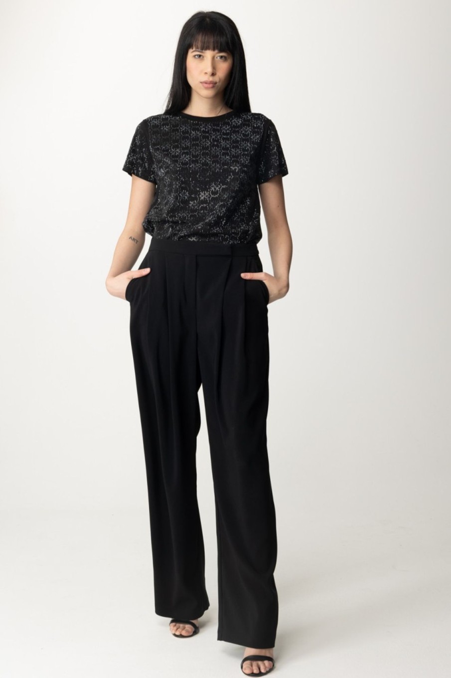 Pinko T-Shirt In Cotone Con Pattern In Strass Nero Limousine Hot