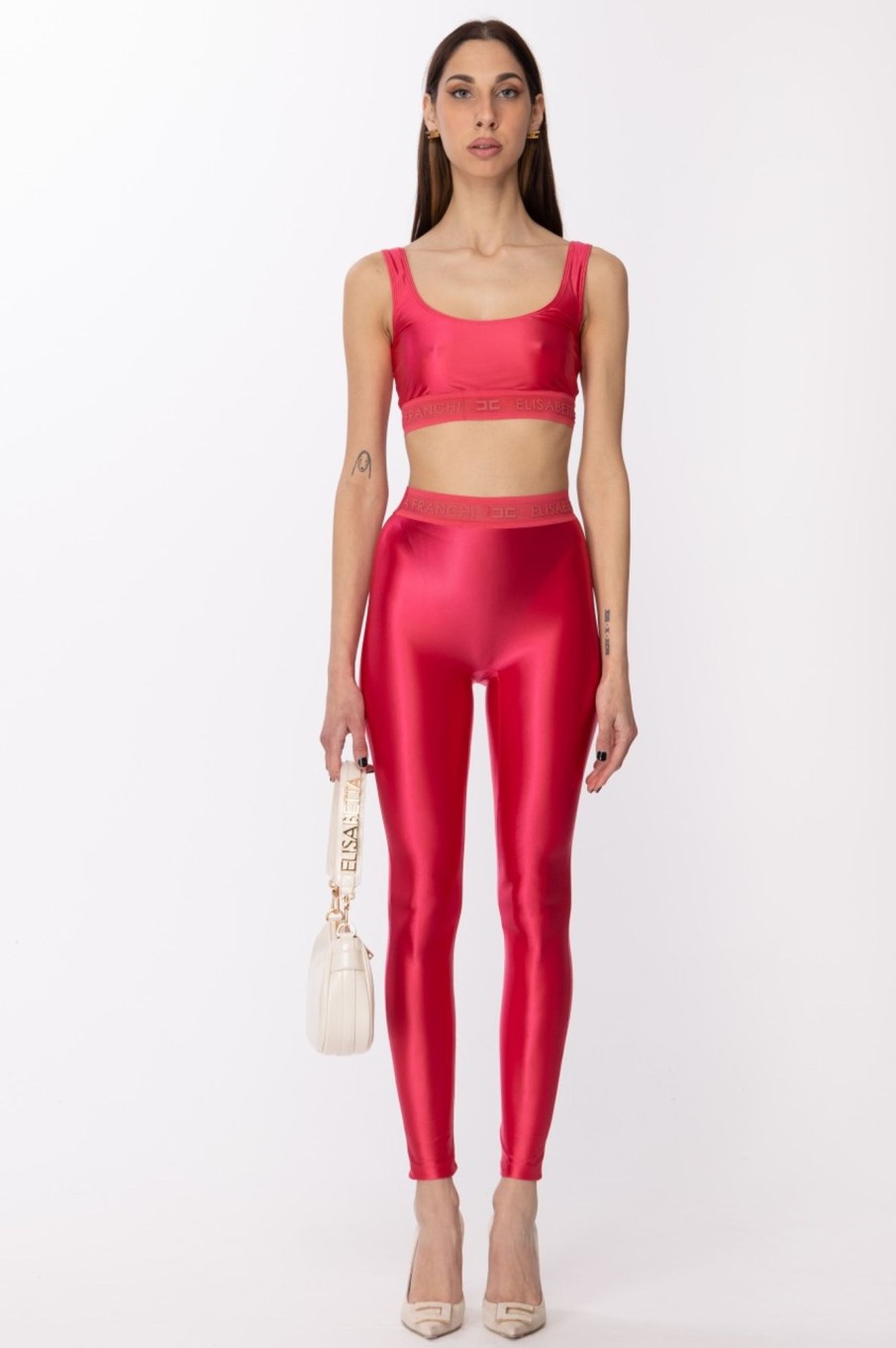 Elisabetta Franchi Leggings In Lycra Con Elastico Logato Fuxia New