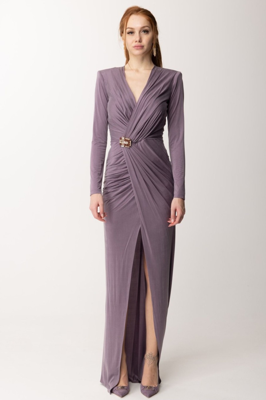 Elisabetta Franchi Abito Red Carpet In Cupro Con Gioiello Candy Violet Wholesale