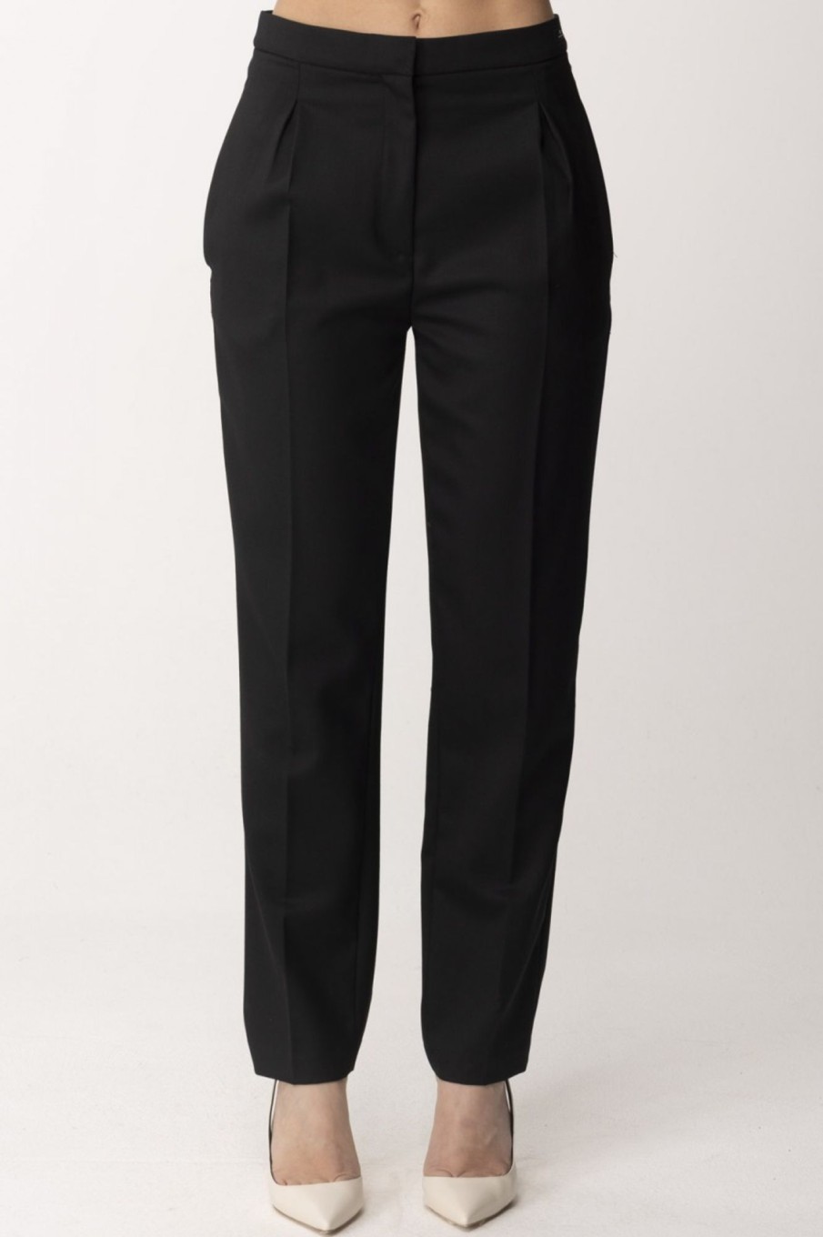 Elisabetta Franchi Pantaloni In Fresco Lana Con Pinces Nero Clearance