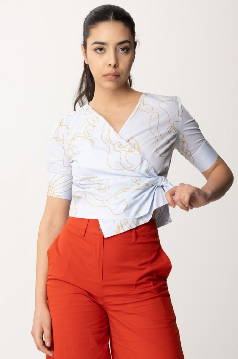 Alessia Santi Camicia Crop Con Nodo Frontale E Disegni Floreale Glass-Oro Online