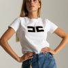 Elisabetta Franchi T-Shirt Con Maxi Logo In Velluto Gesso/Nero Online