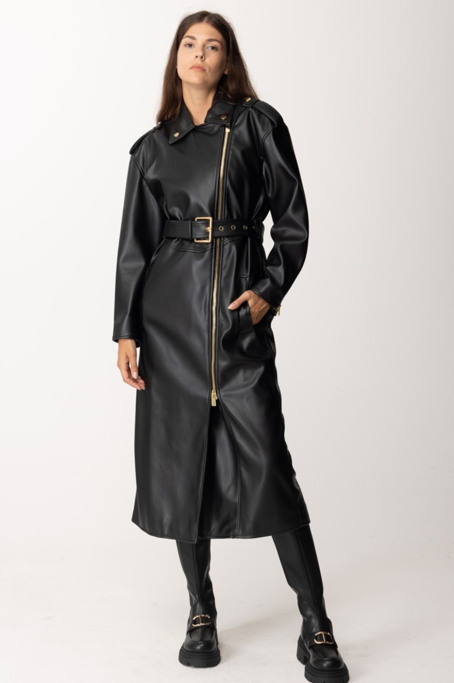 Pinko Trench Lungo In Pelle Nero Limousine Online