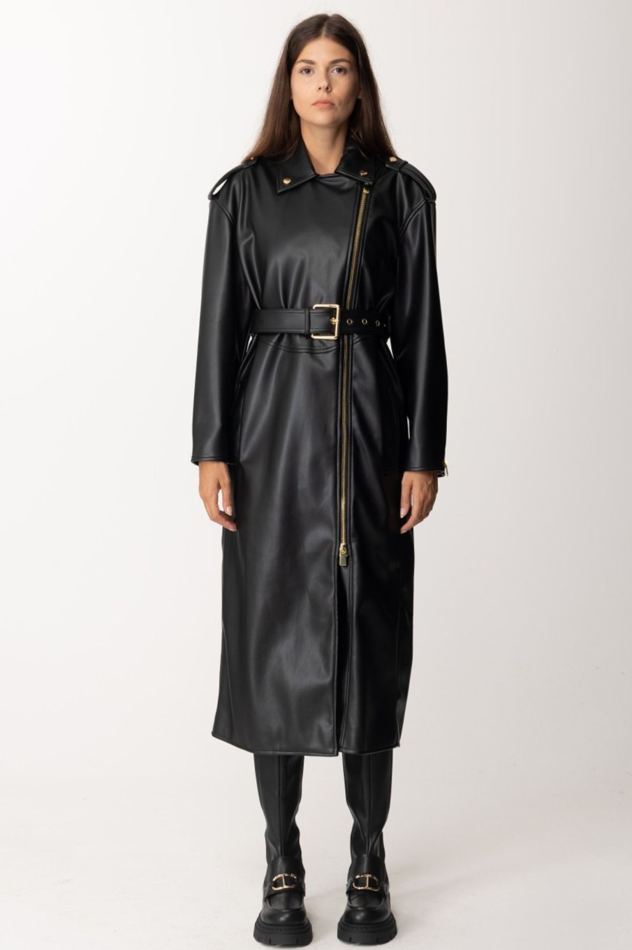 Pinko Trench Lungo In Pelle Nero Limousine Online