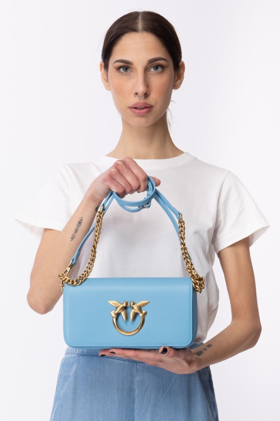 Pinko Love Click Baguette Mini Bag Azzurro Cielo-Antique Gold Best