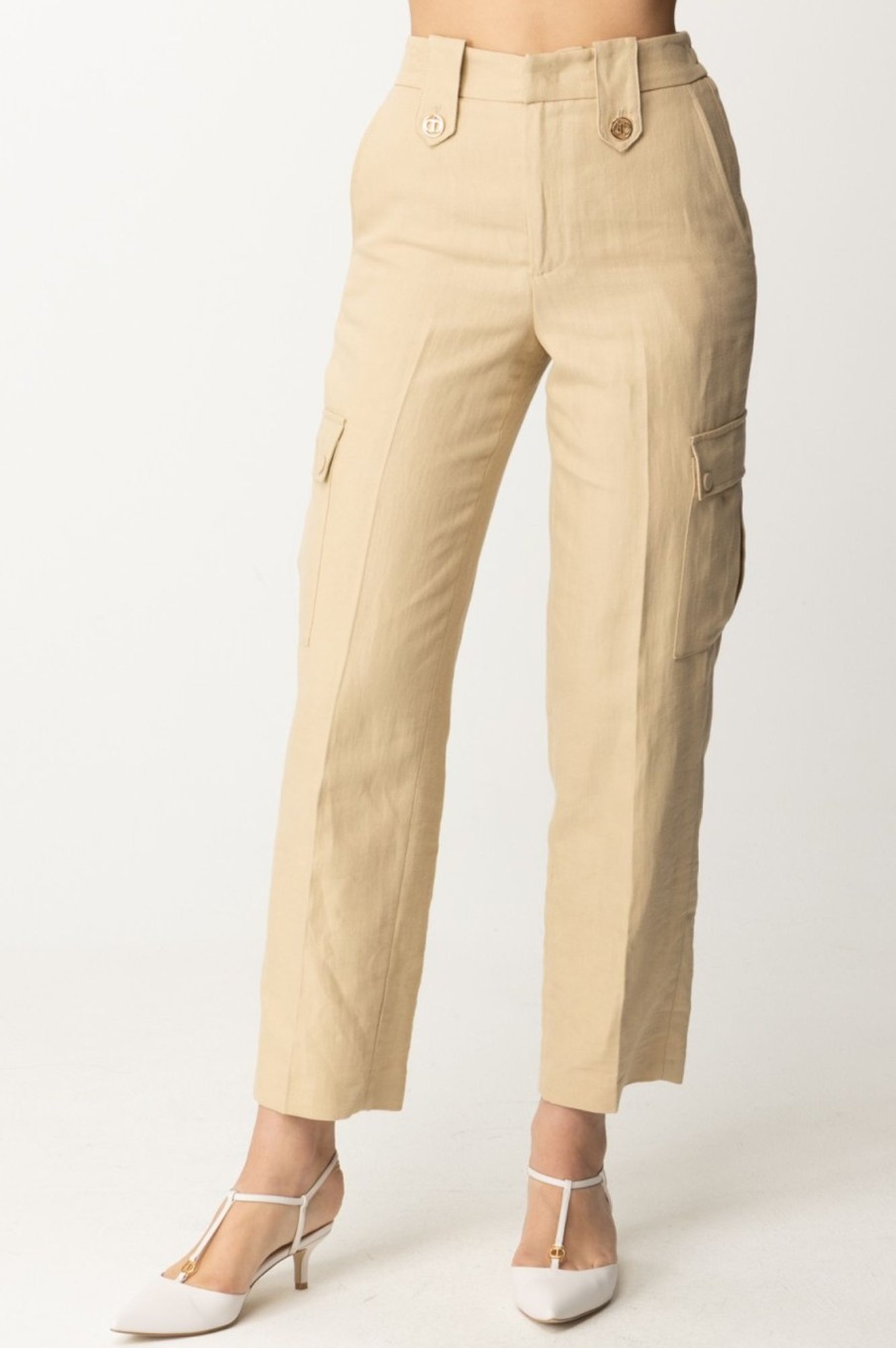 Twin-Set Pantaloni Cargo In Misto Lino Almond Milk Clearance