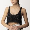 Elisabetta Franchi Top Crop In Tulle Con Paillettes E Frange Nero Best