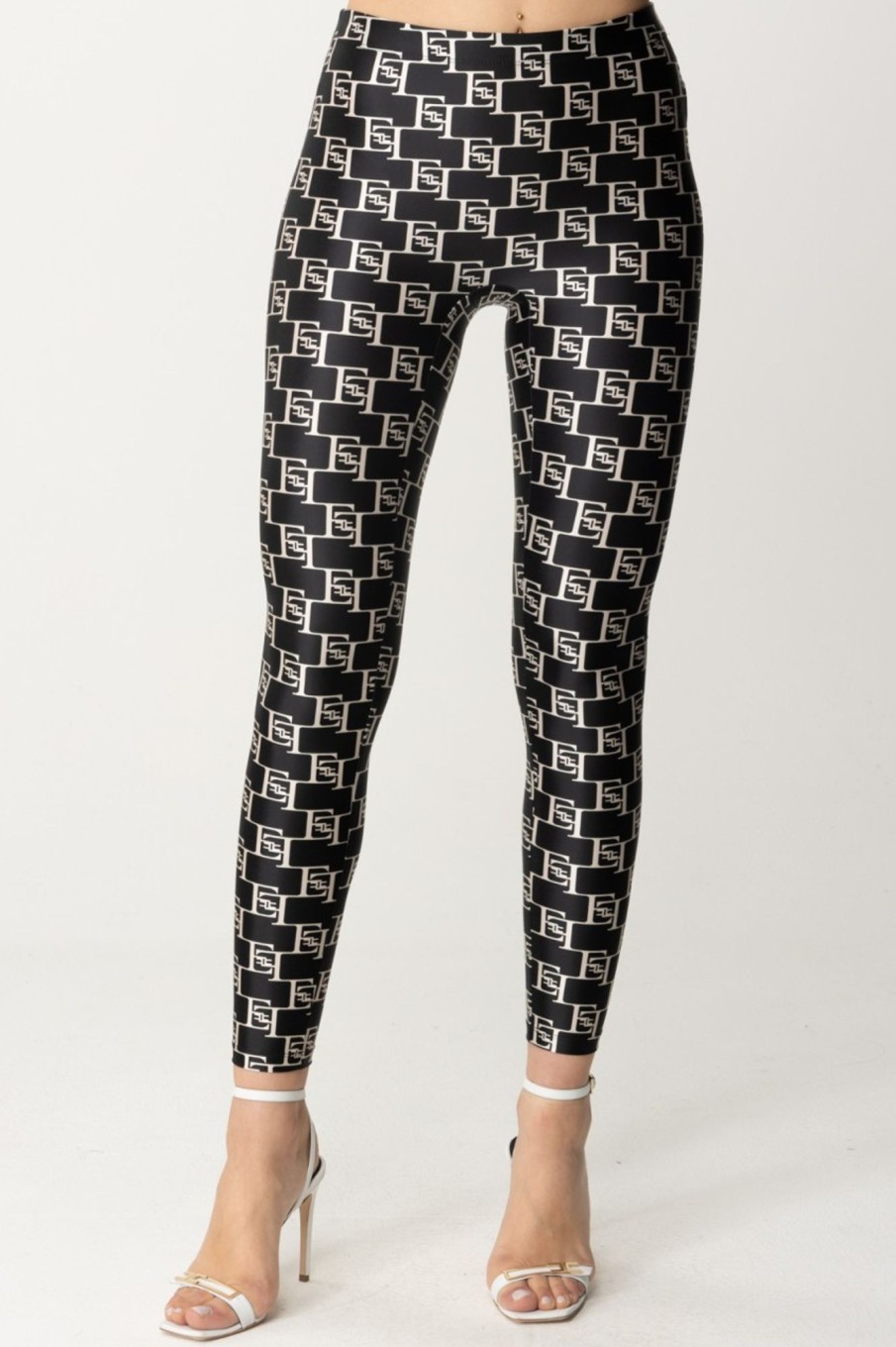 Elisabetta Franchi Leggings Con Stampa Loghi Nero/Burro Wholesale