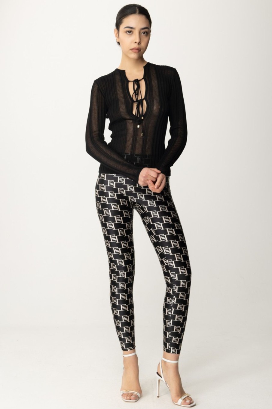 Elisabetta Franchi Leggings Con Stampa Loghi Nero/Burro Wholesale