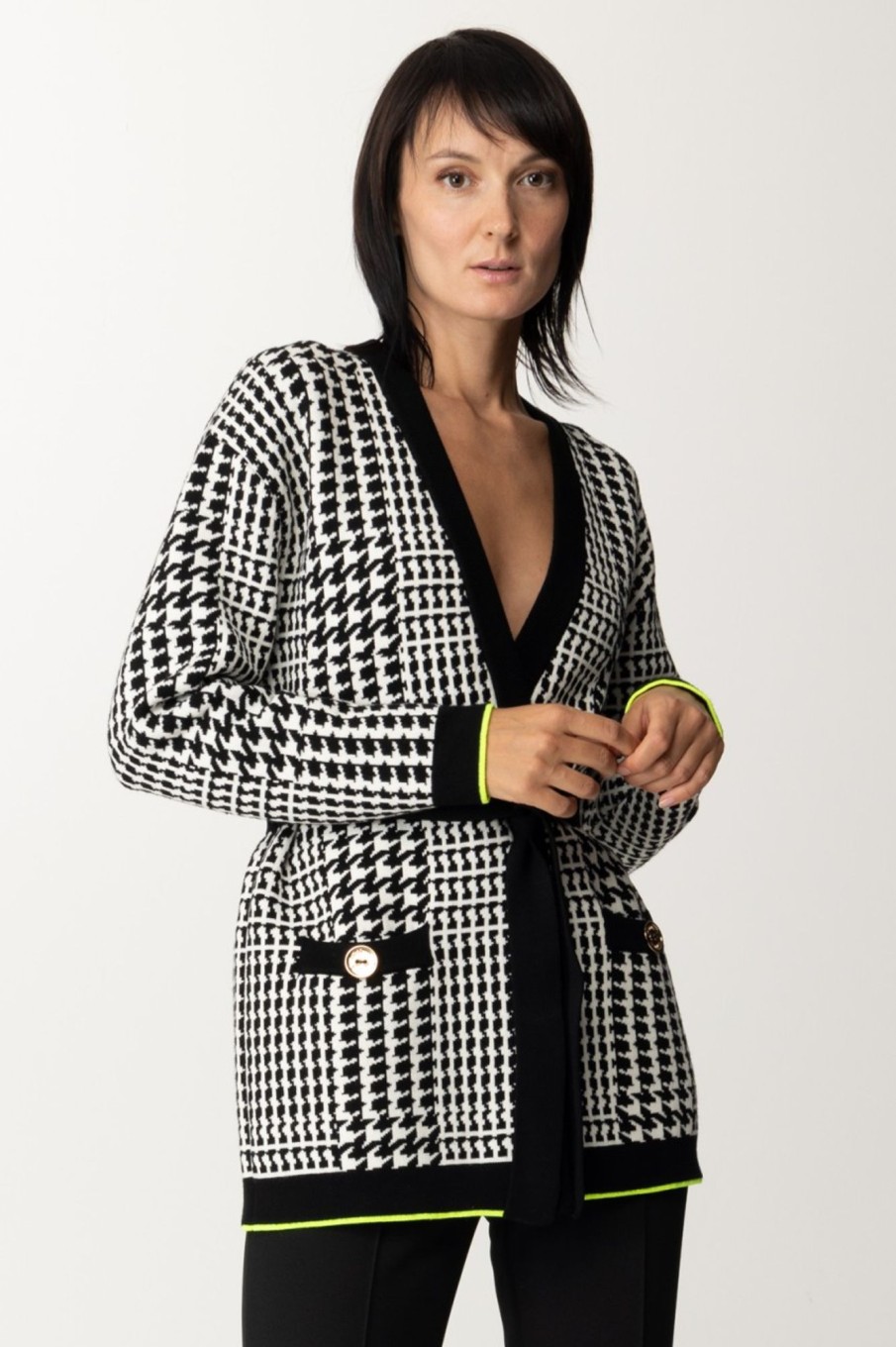 Elisabetta Franchi Cardigan Con Cintura In Principe Di Galles Nero/Burro Online