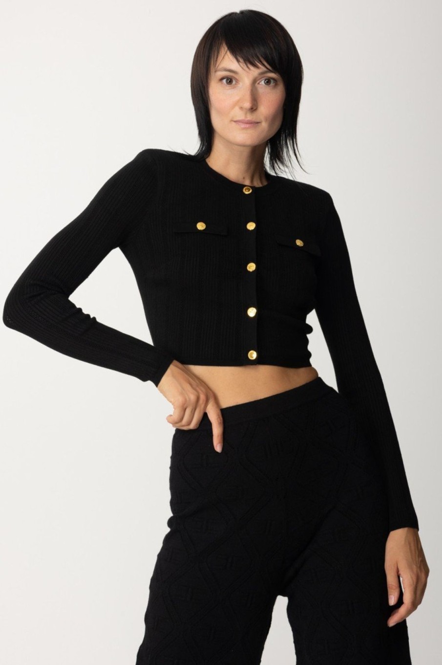 Elisabetta Franchi Cardigan Crop A Coste Nero Best