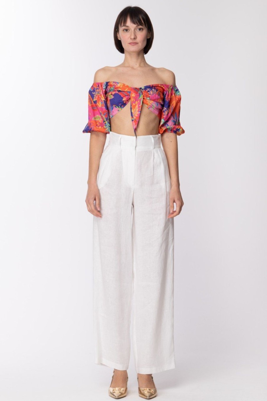 Dramèe Crop Top Con Fiocco E Stampa Tropical Clearance