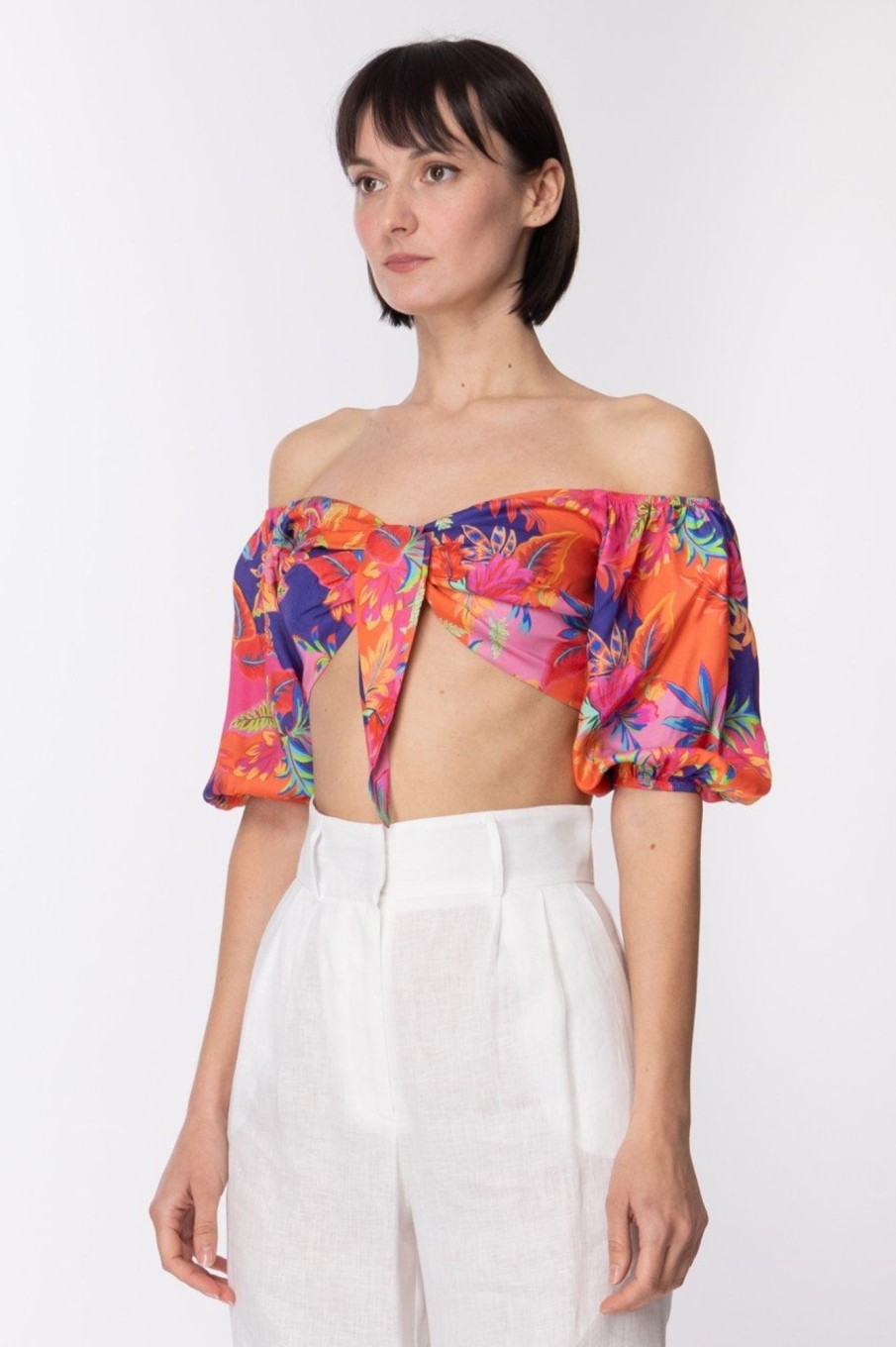 Dramèe Crop Top Con Fiocco E Stampa Tropical Clearance